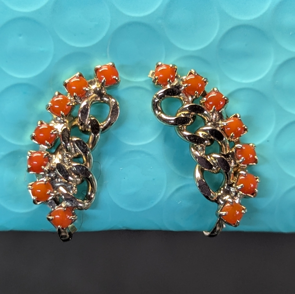 3 for $30 Vintage screw on earrings, gold and bright orange, curved design